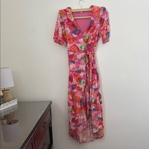 En Creme Pink and Red Puff Sleeve Maxi Dress